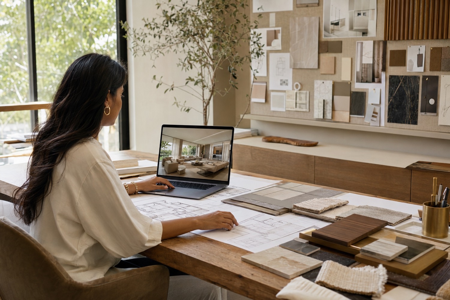 A designer at a studio desk with floor plans, material samples and a mood board